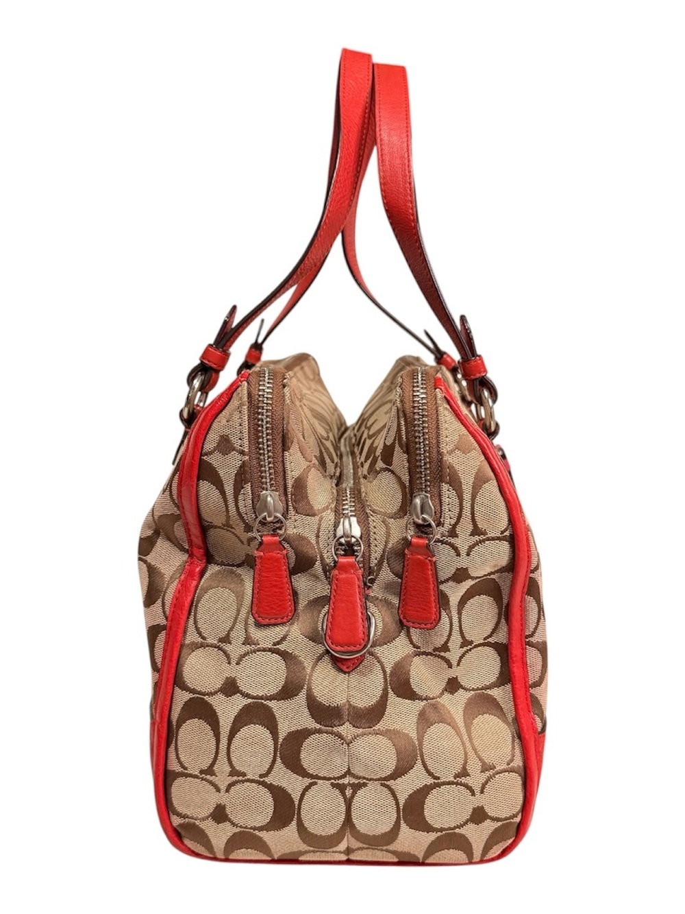 Coach Beige Signature Canvas Satchel with Red Leather Trim - Picture 2 of 16